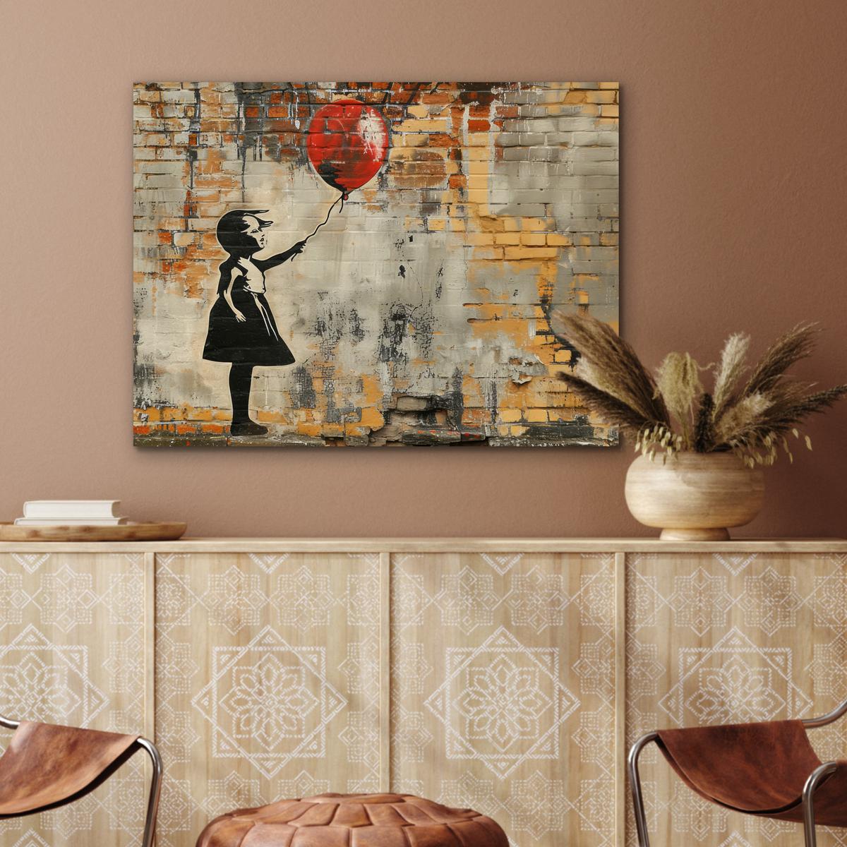 METALLBILD Graffiti - Banksy - Mädchen - Straßenkunst 80x60 cm - Sandfarben, Metall (80/60cm) - MuchoWow
