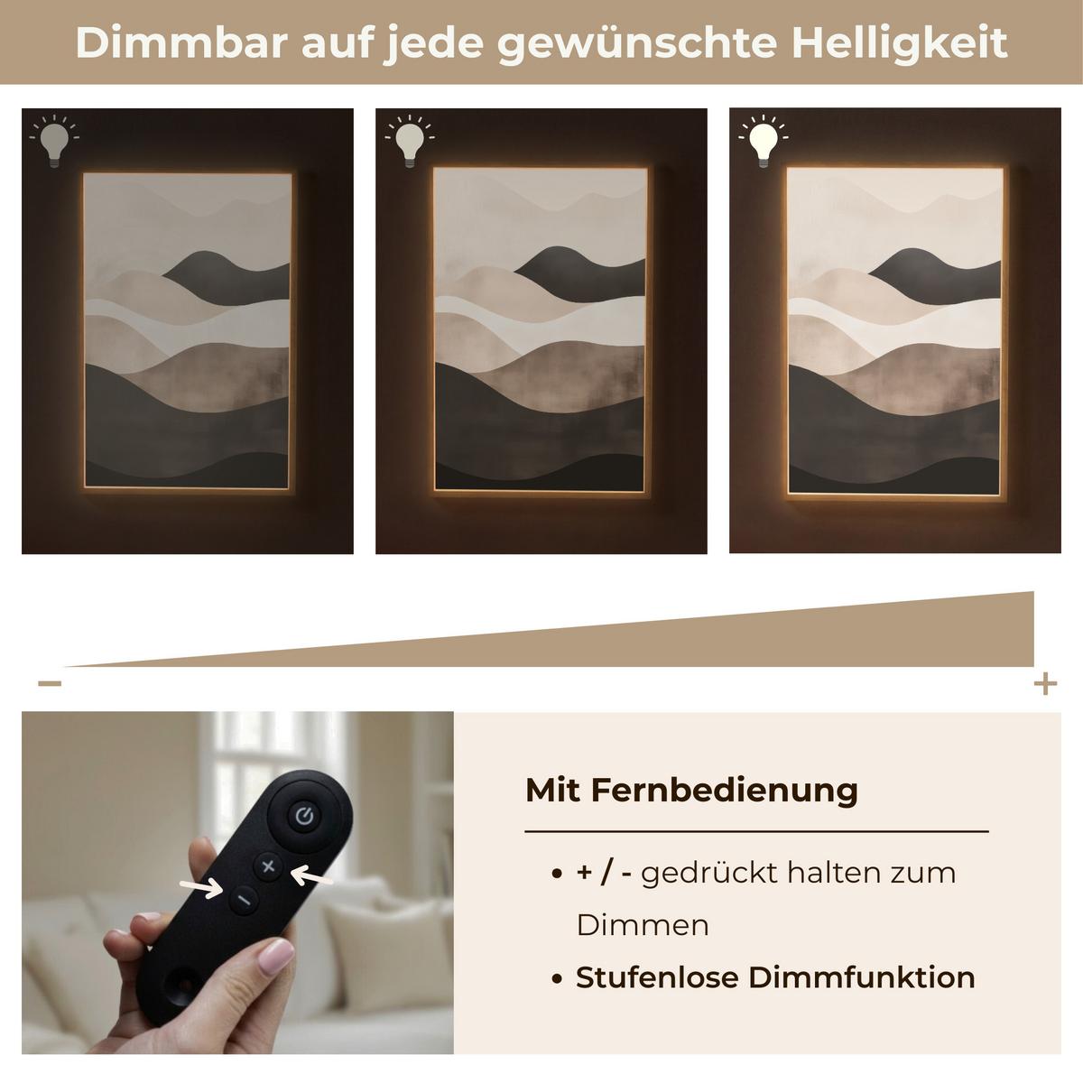 WANDLEUCHTE MIT AKKU Abstrakt - Landschaft - Wellen - Cremefarben 60x90 cm - Graubraun, Holzwerkstoff (60/90/8cm) - OnlyWow