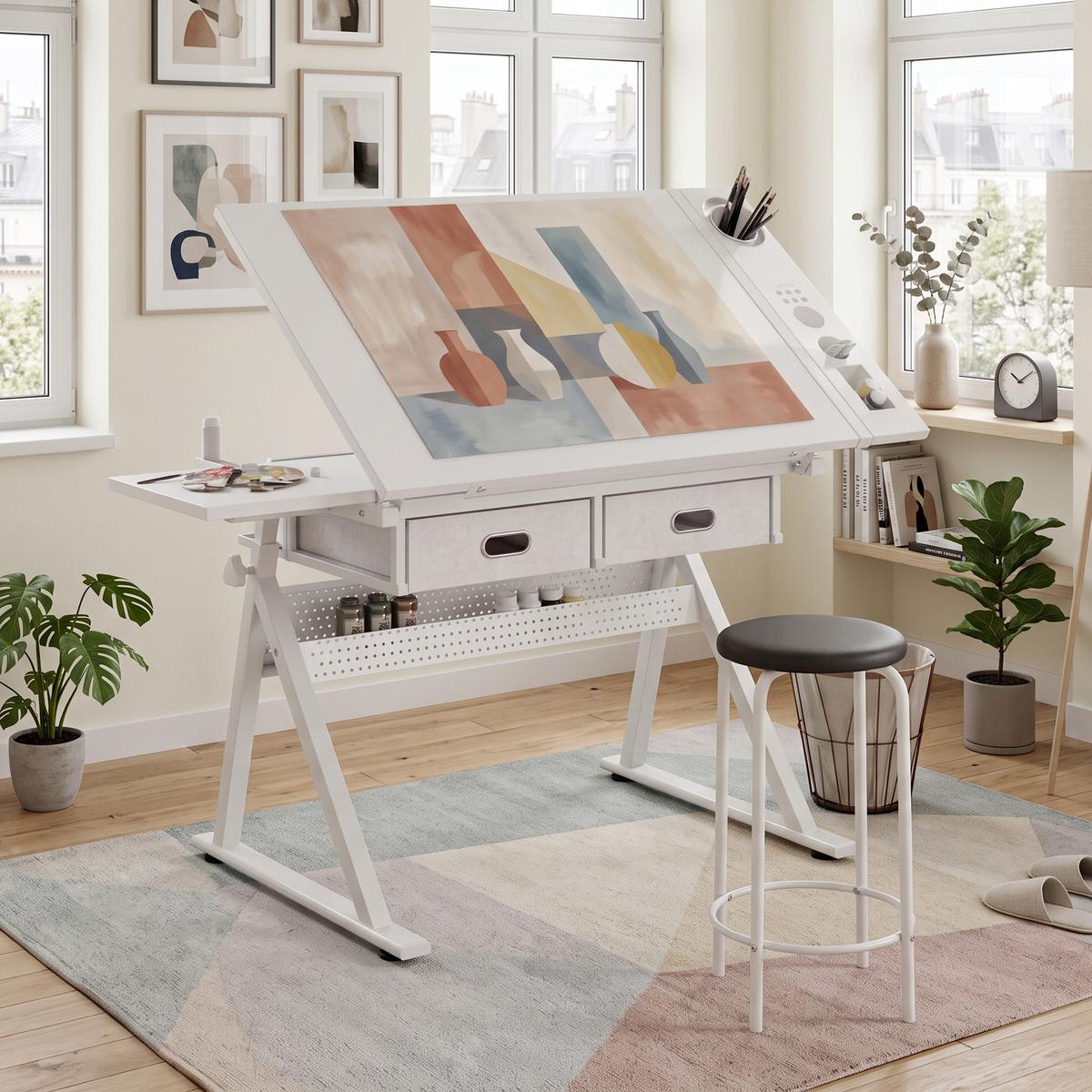 SCHREIBTISCH Zeichentisch Höhenverstellbar Neigbar Weiß inkl Hocker & Schubladen - Weiß, Holzwerkstoff (60/98/68cm) - Urban Meuble