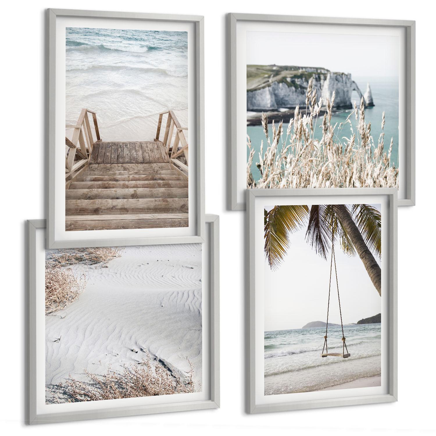 BILDER SET 4er Set - 50x50 cm & 40x60 cm Silberner Rahmen - Strandtreppe Schaukel Meer - Silberfarben, Kunststoff (50/50cm) - TULUP