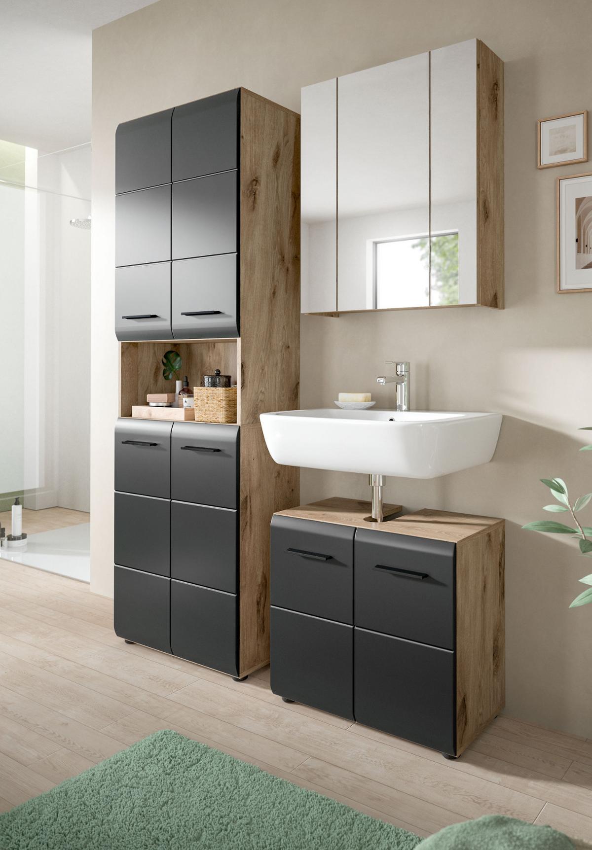 HOCHSCHRANK schwarz matt, Eiche, Badschrank 4-türig, 60 x 185 cm - Eichefarben/Schwarz, Holzwerkstoff/Kunststoff (60/185/30cm) - Inn.Furn