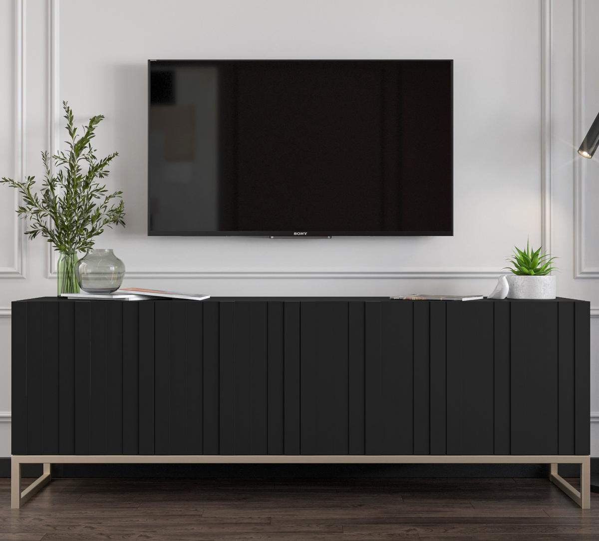 TV-SCHRANK Elpis Schwarz Matt mit Metallrahmen 150 cm - Goldfarben/Schwarz, Holzwerkstoff/Metall (150/51.5/36.5cm) - Meble Lindner