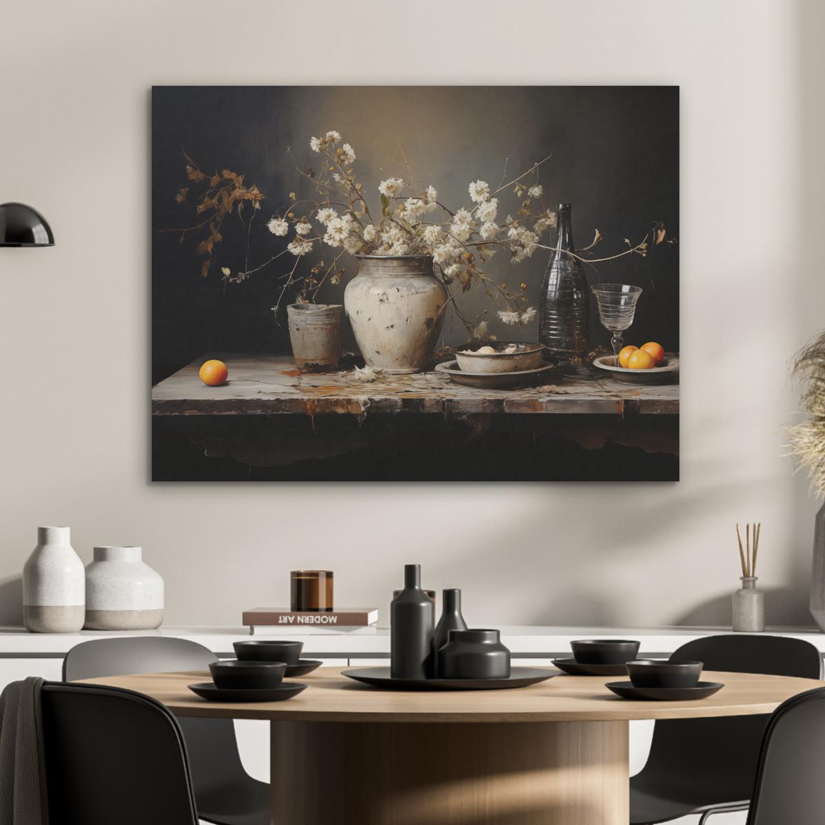 AKUSTIKBILD Stilleben - Blumen - Blumenstrauß - Vase - Wein Gemälde 80x60 cm - Schwarz, Kunststoff (80/60/0.9cm) - MuchoWow