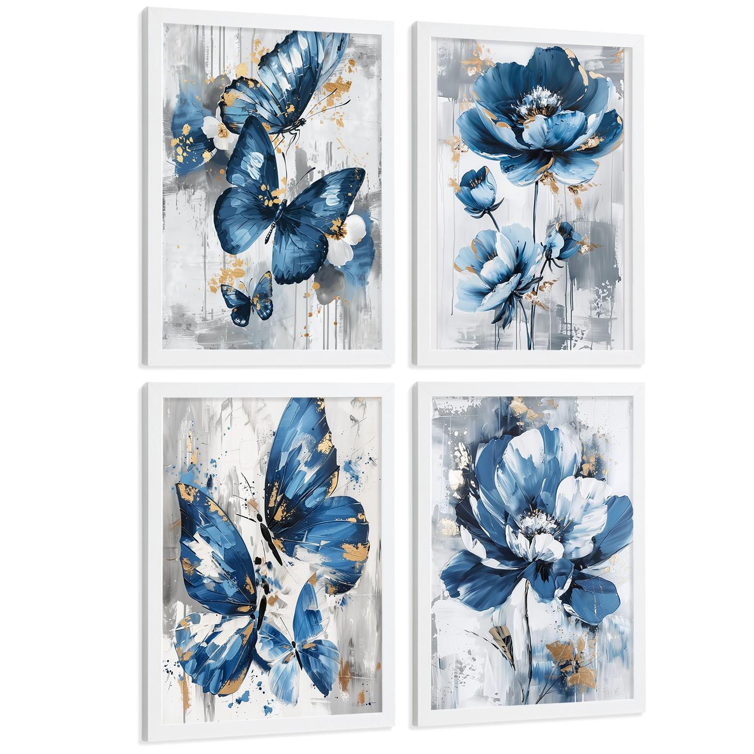 POSTER 4er Kunstdruck-Set Wandbilder Blumen Blau Schmetterlinge modern Wohnzimmer Deko, Schlafzimmer, Küche, Badezimmer Rahmenlos A4 - Weiß, Papier (29.7/1/21cm) - Nacnic