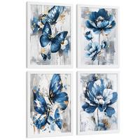 POSTER 4er Kunstdruck-Set Wandbilder Blumen Blau Schmetterlinge modern Wohnzimmer Deko, Schlafzimmer, Küche, Badezimmer Rahmenlos A4 - Weiß, Papier (29.7/1/21cm) - Nacnic