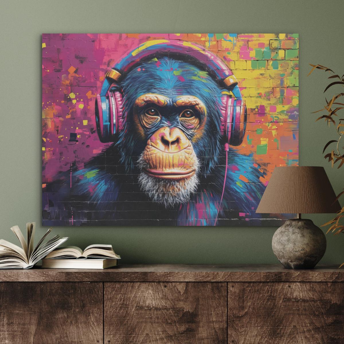AKUSTIKBILD Graffiti - Schimpanse - Straßenkunst - Kopfhörer - Affe Gemälde 80x60 cm - Blau, Kunststoff (80/60/0.9cm) - MuchoWow