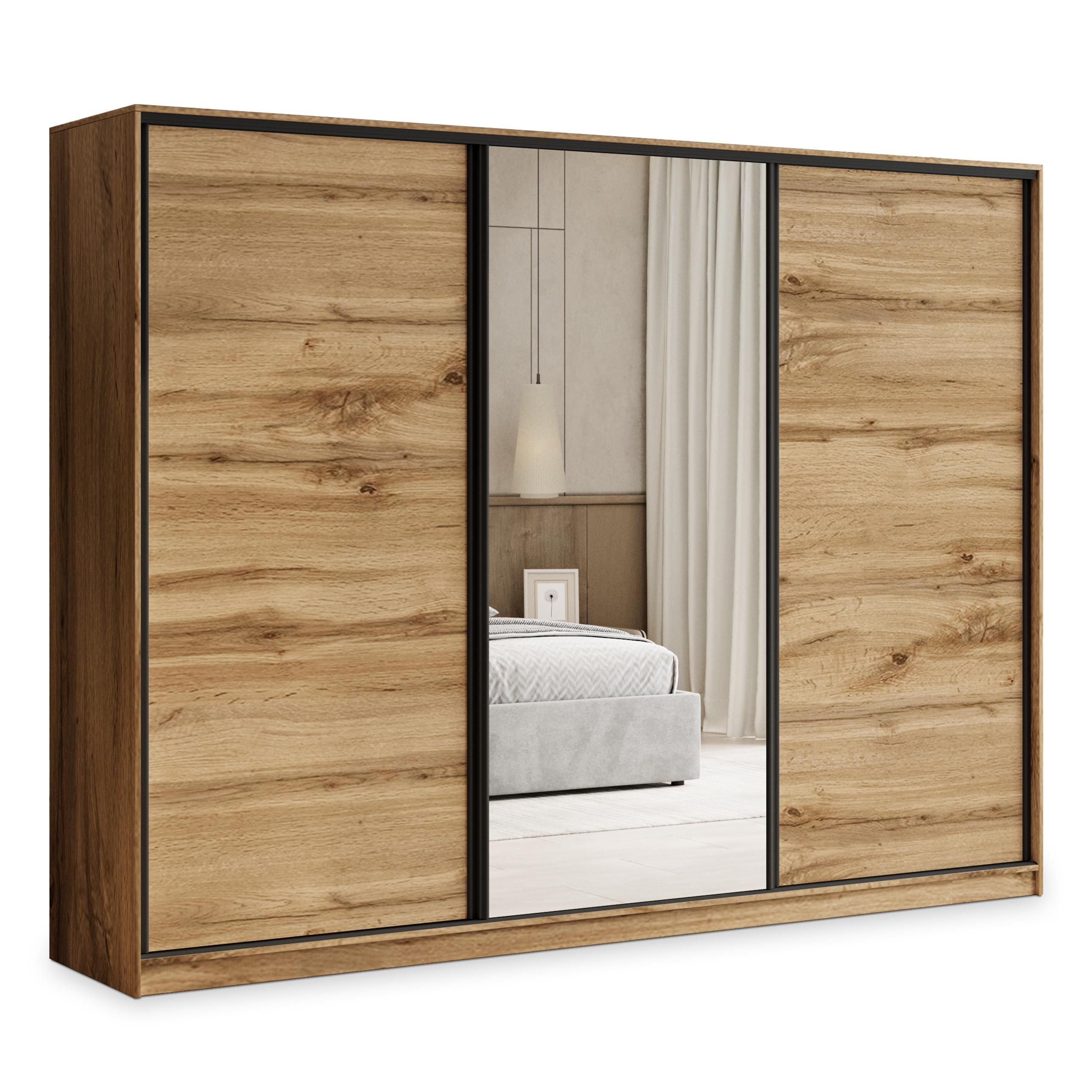 SCHWEBETÜRENSCHRANK TARI 270/205/58 cm 3-türig mit Spiegel und 4 Schubladen Eiche Wotan - Eiche Wotan, Holzwerkstoff (270/205/58cm) - MASSENO