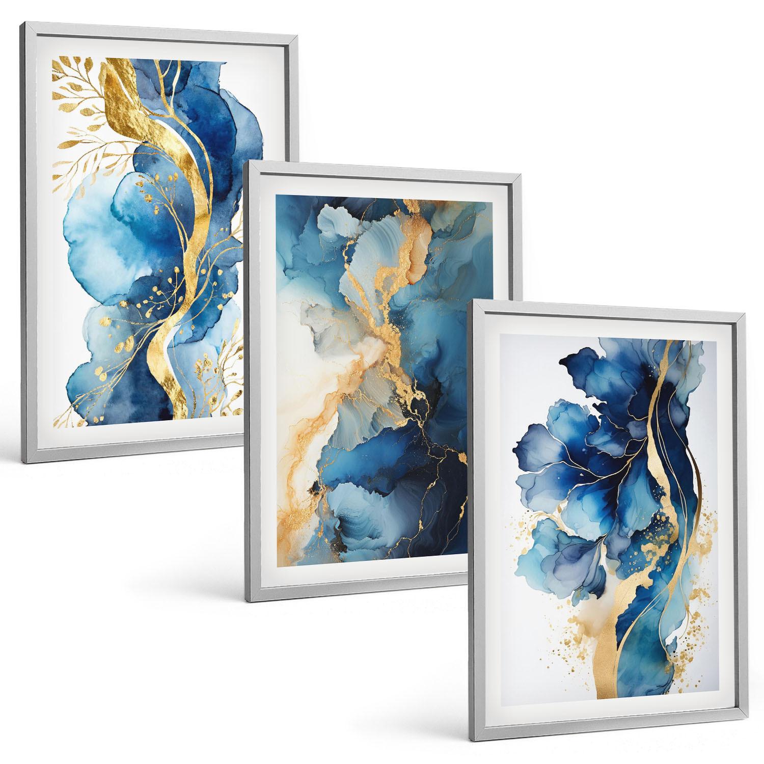 BILDER SET 3er Set - 40x60 cm Silberner Rahmen - Blaue abstrakte Muster - Silberfarben, Kunststoff (40/60cm) - TULUP