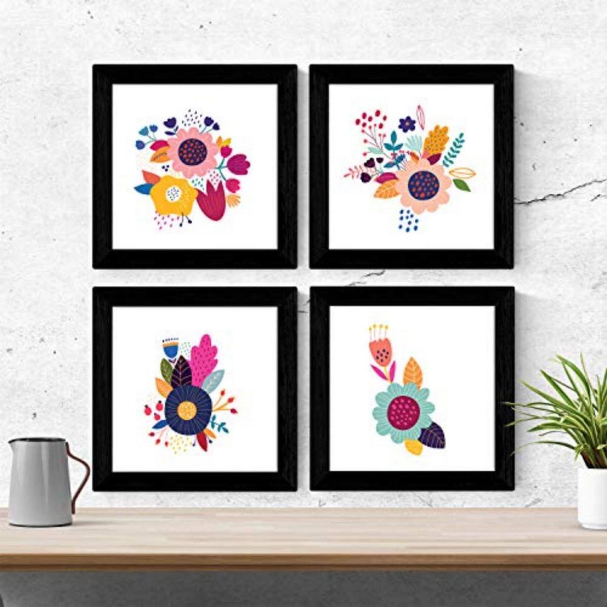 POSTER Set mit 4 bunter Blumen im skandinavischen Stil 20x20cm Rahmenlos - Klar, Papier (20/3cm) - Nacnic