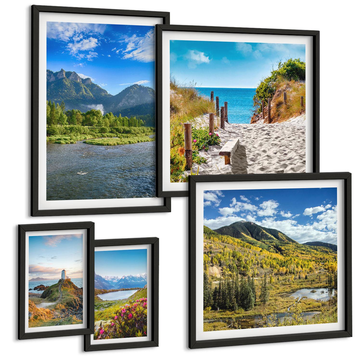 BILDER SET 5er Set - 50x50 cm & 20x30 cm & 40x60 cm Schwarzer Rahmen - See, Brücken, Berge - Schwarz, Kunststoff (40/60cm) - TULUP