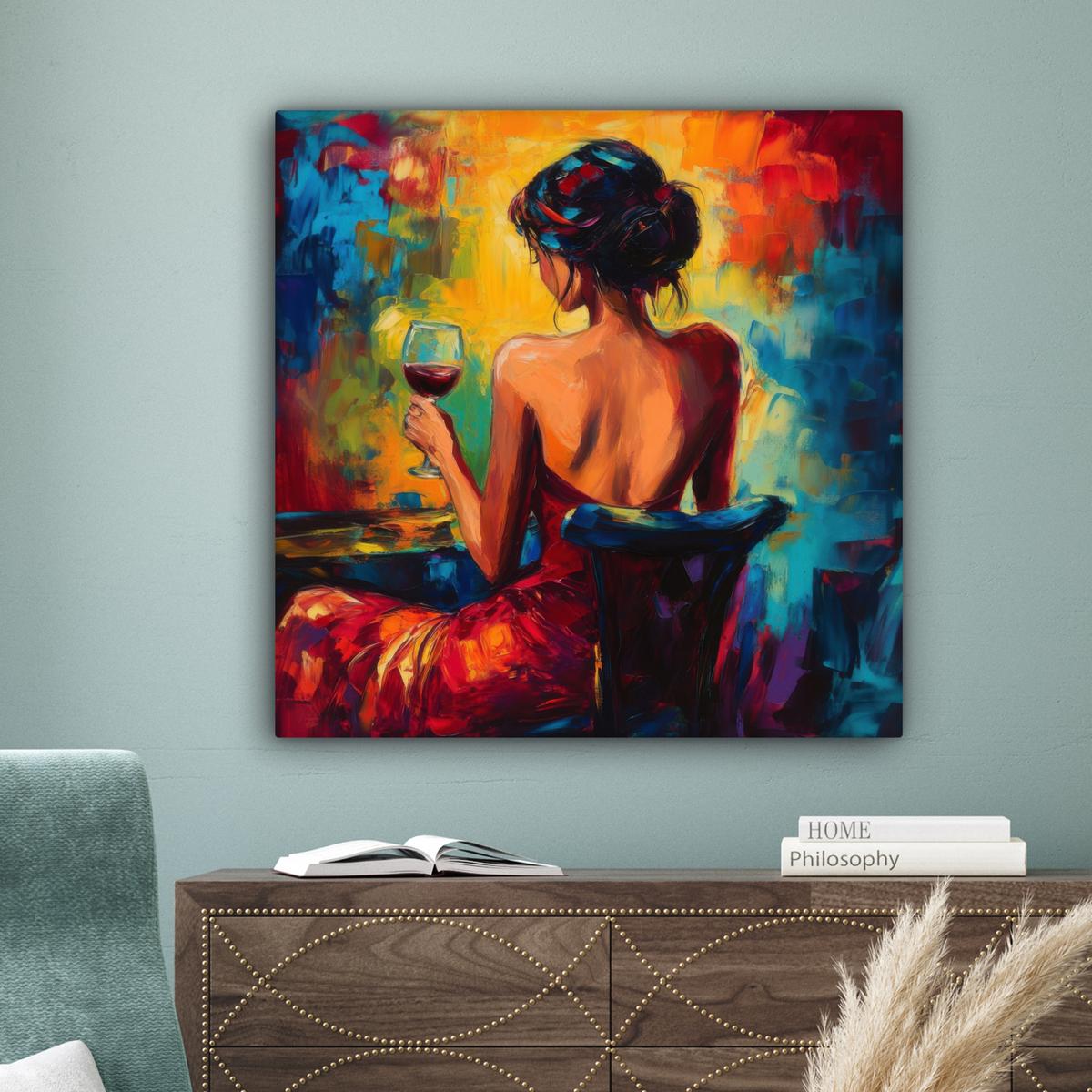LEINWANDBILD Wein - Frau - Stimmungsvoll - Farbenfroh Deko Groß 90x90 cm - Bordeaux, Textil (90/90cm) - MuchoWow