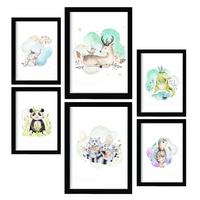 POSTER Set Mit 6 Tierfamilien Weißer Hintergrunddruck Mit Tierfamilienthemen Im Pastell Aquarell Stil Innenarchitektur A3 & A4 Schwarzer Rahmen - Schwarz, Papier (29/3cm) - Nacnic