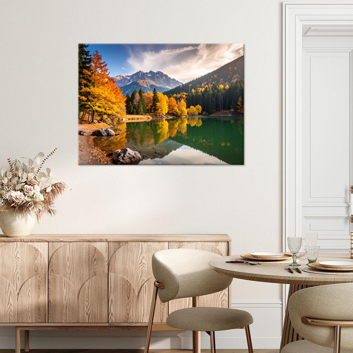 LEINWANDBILD Herbstlandschaft See Berge 100x70cm - Gelb, Textil (100/70cm) - Feeby