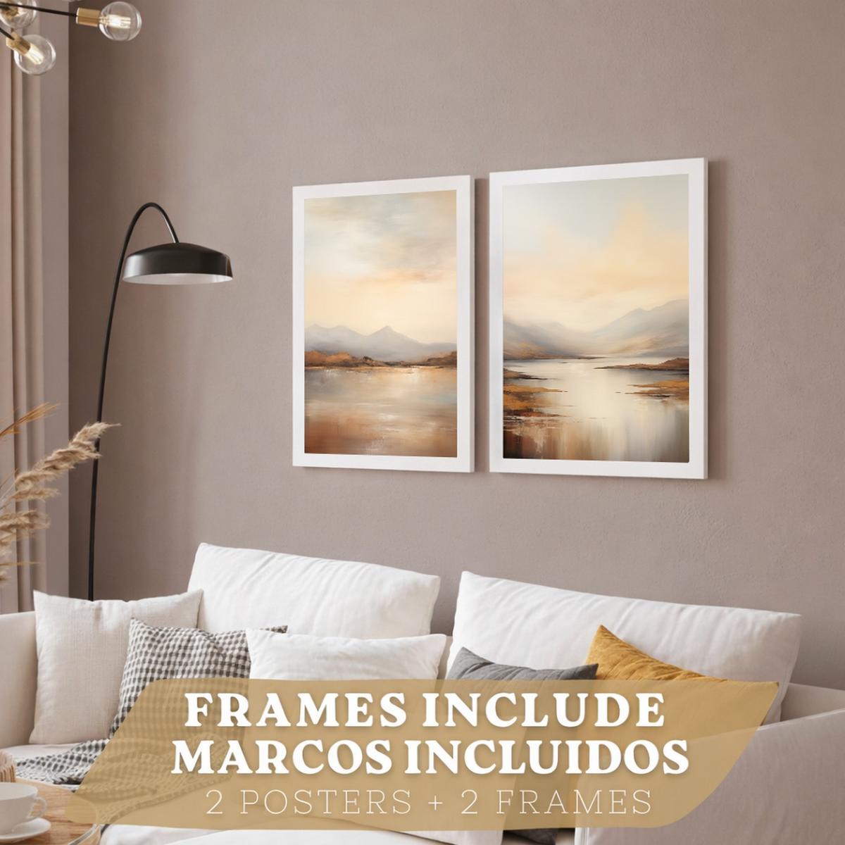 POSTER 2er-Set Wandbilder Sonnenaufgang modern Wohnzimmer Deko, Schlafzimmer, Küche, Badezimmer Weißer Rahmen A3 - Weiß, Papier (29.7/1/42cm) - Nacnic