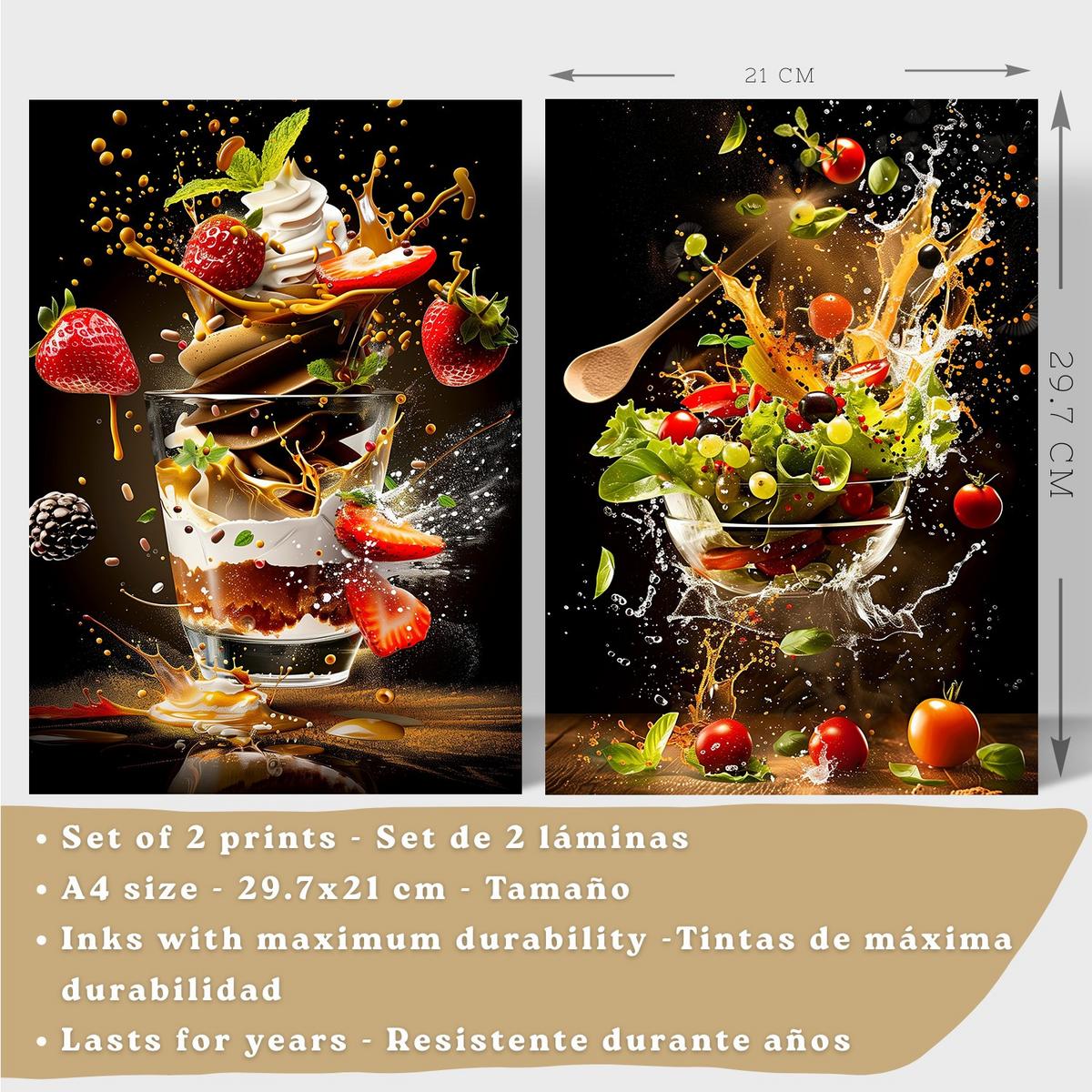 POSTER 2er Set Küchen-Wandbilder Erdbeer-Dessert und Salat Splash Fotografie Schwarzer Hintergrund Deko Rahmenlos A4 - Beige, Papier (29.7/1/21cm) - Nacnic