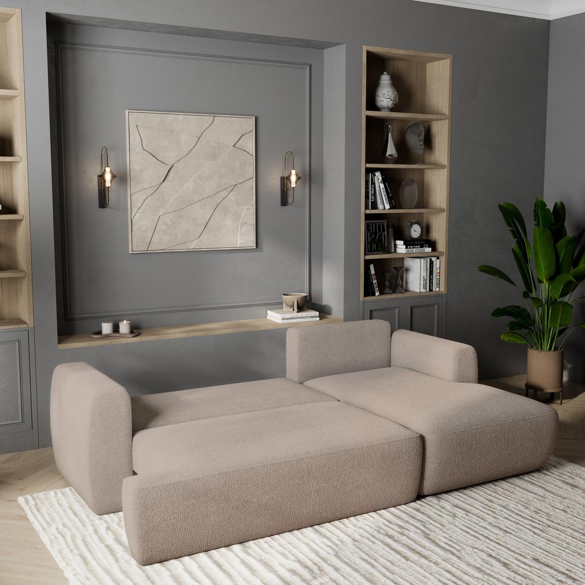 ECKSOFA SENTI N R-S Beige Boucle-Stoff mit Schlaffunktion - Beige/Schwarz, Holz/Kunststoff (246/148cm) - MASSENO