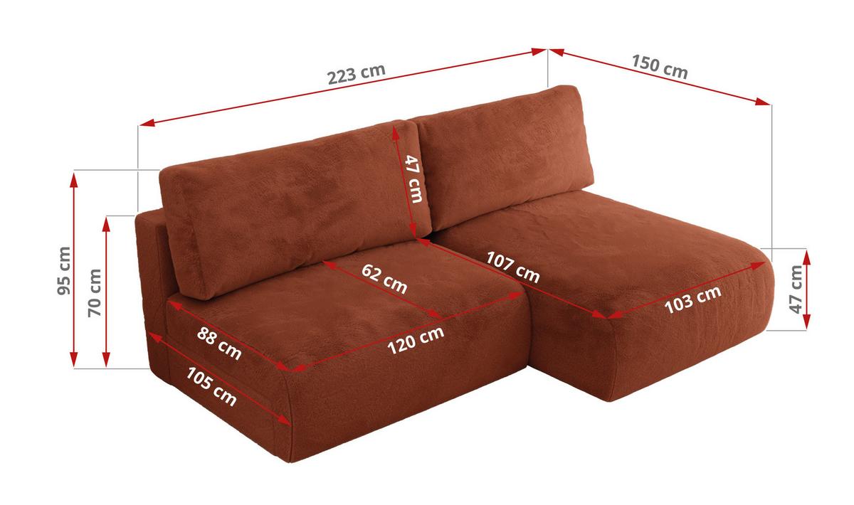 ECKSCHLAFSOFA VIVO L Orange Plüsch - links - Schwarz/Orange, Kunststoff/Textil (223/150cm) - MKS
