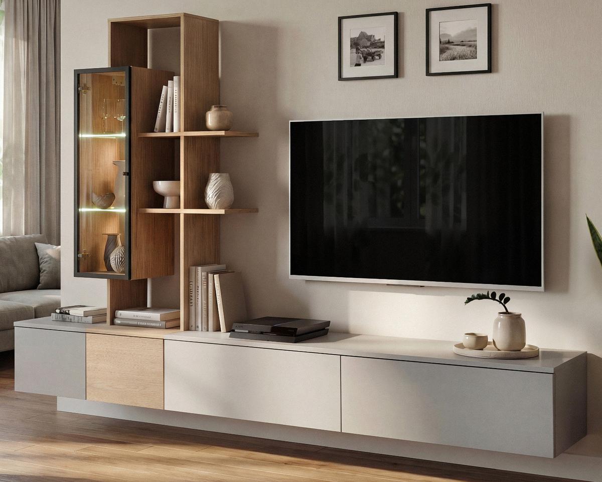 WOHNWAND Arktis-Grau, Cremona Eiche hängend 240 cm, Schrankwand mit LED und Push-to-Open - Eichefarben/Hellgrau, Glas/Holzwerkstoff (240/160/40cm) - Inn.Furn