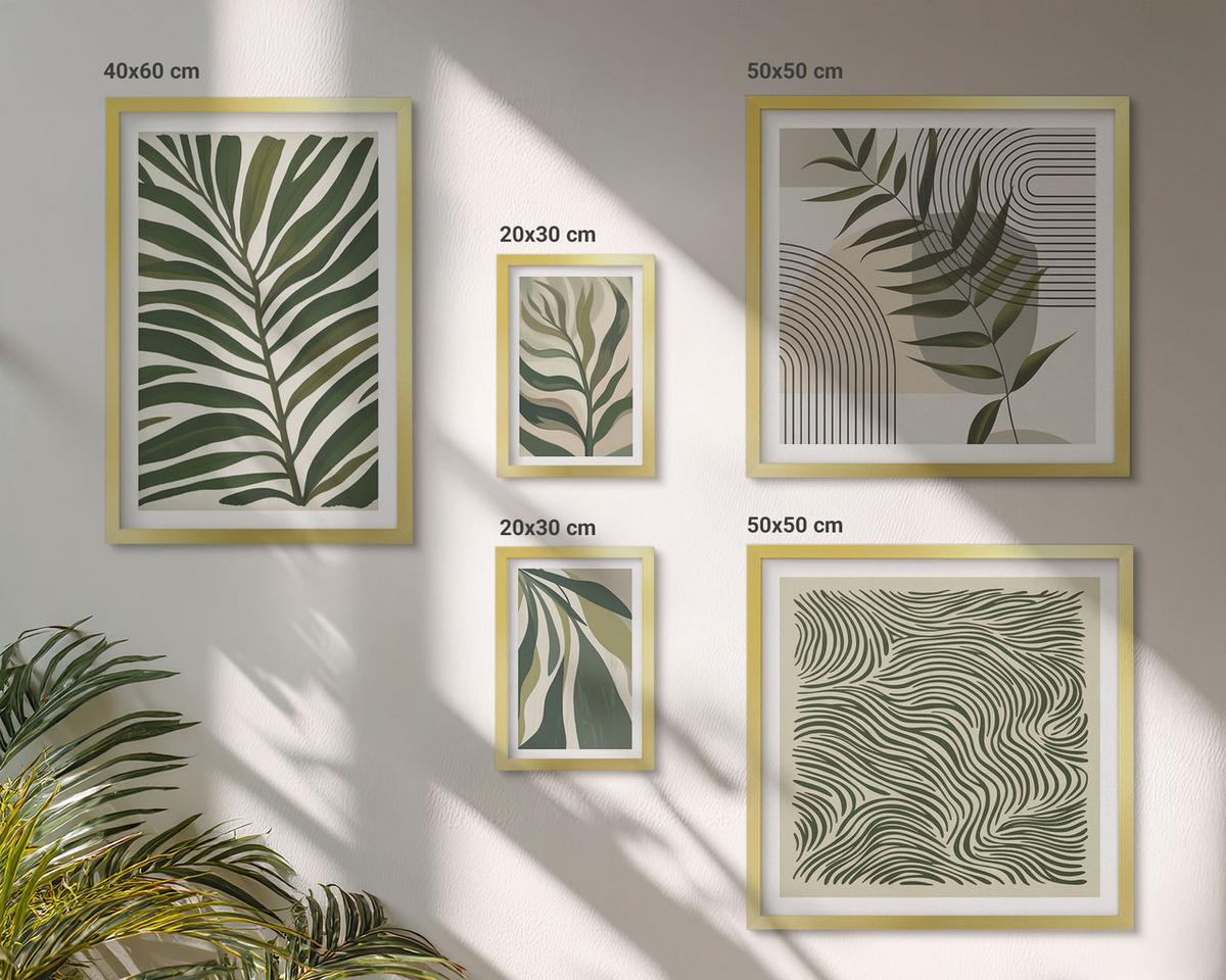 BILDER SET 5er Set - 50x50 cm & 20x30 cm & 40x60 cm Goldrahmen - Blätter, Wellen – Pastellillustrationen - Goldfarben, Kunststoff (40/60cm) - TULUP
