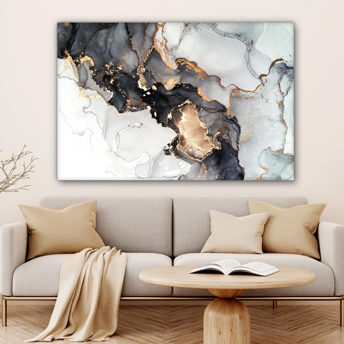 LEINWANDBILD Marmor - Schwarz - Weiß - Gold - Luxus - Abstrakt Groß 140x90 cm - Goldfarben, Textil (140/90cm) - MuchoWow
