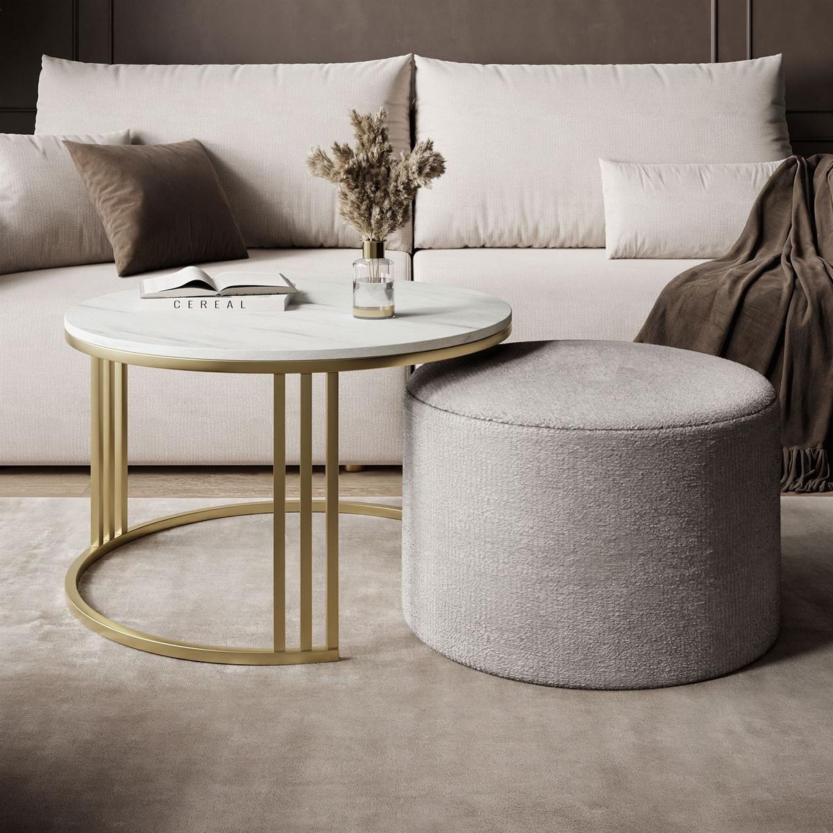 COUCHTISCH mit Hocker LORI MAT gebürstetes Gold/Marmor Levanto/Perfect Harmony 82 - Weiß, Metall (70/70/49cm) - Lookway