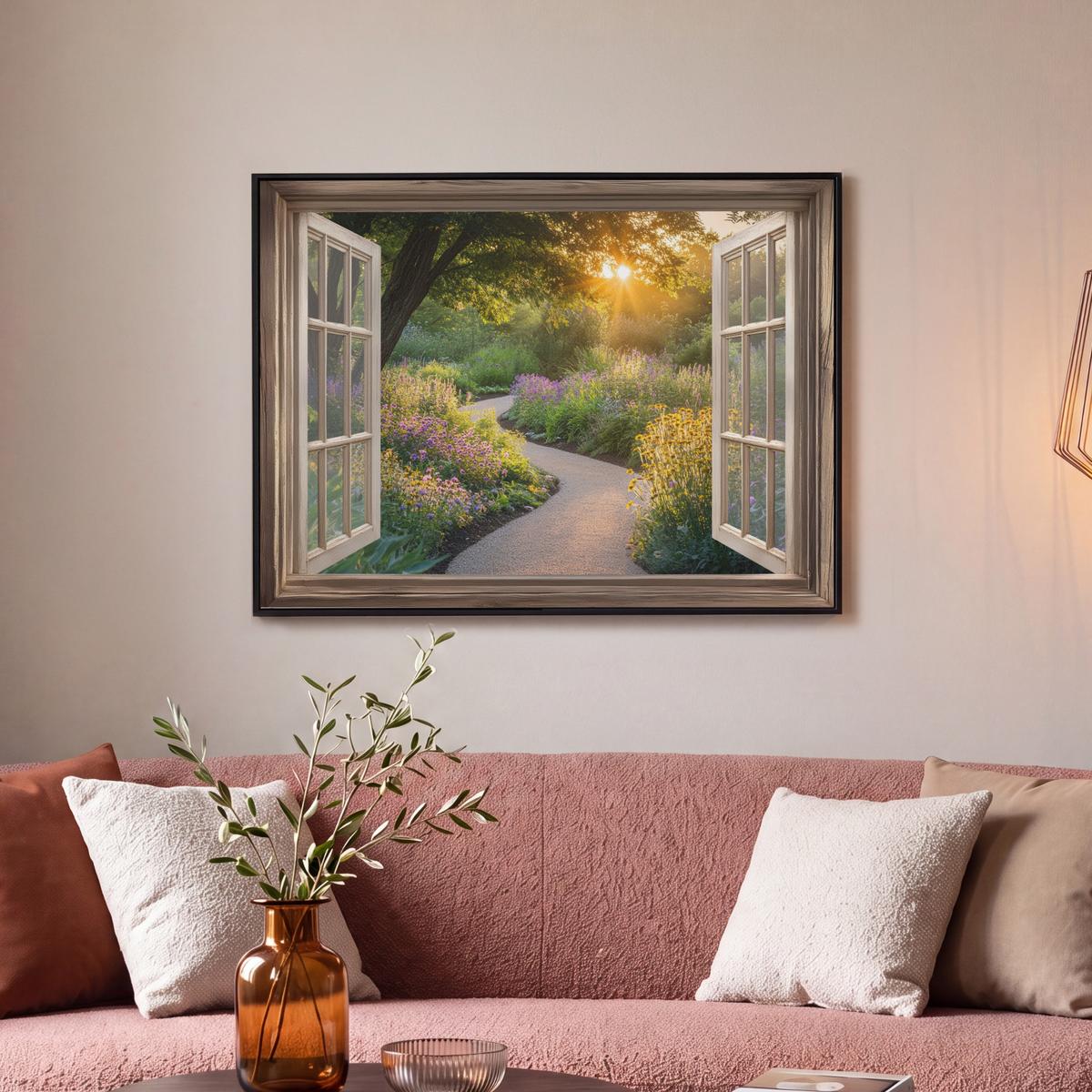 LEINWAND Bilder mit Rahmen - Aussicht - Blumen - Natur - Sonne - Weg - 70x50 - Hellgelb, Textil (70/50cm) - MuchoWow