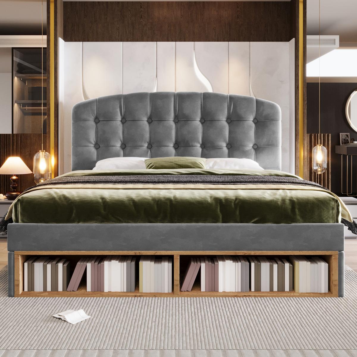POLSTERBETT Samt Grau 140x200 mit Stauraum und verstellbarem Kopfteil - Grau, Textil (140/200cm) - Urban Meuble