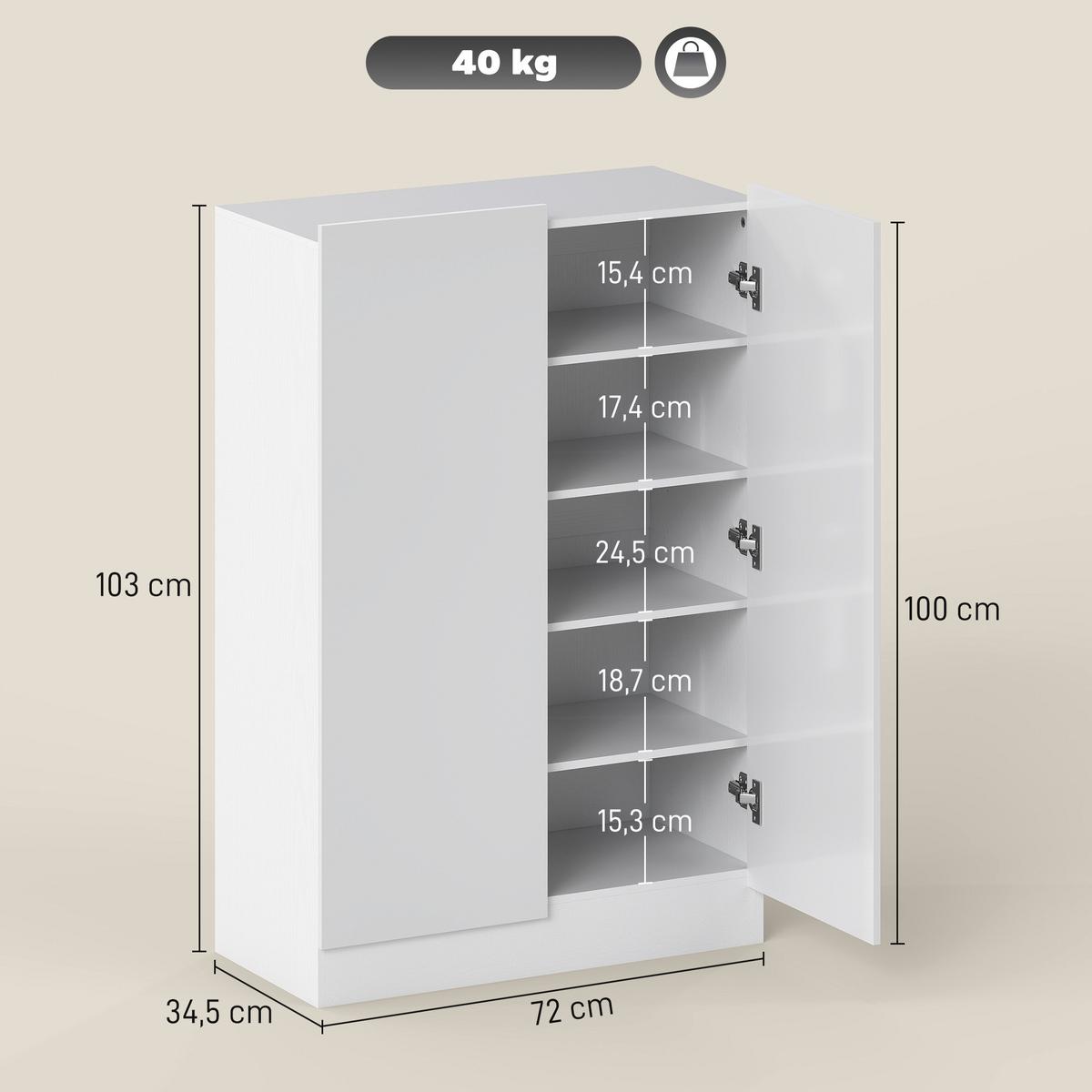 SCHUHSCHRANK, Schuhregal mit Verstellbaren Ablagen, Belüftungslöchern - Weiß Hochglanz/Weiß, Holzwerkstoff (34.5/103/72cm) - HOMCOM