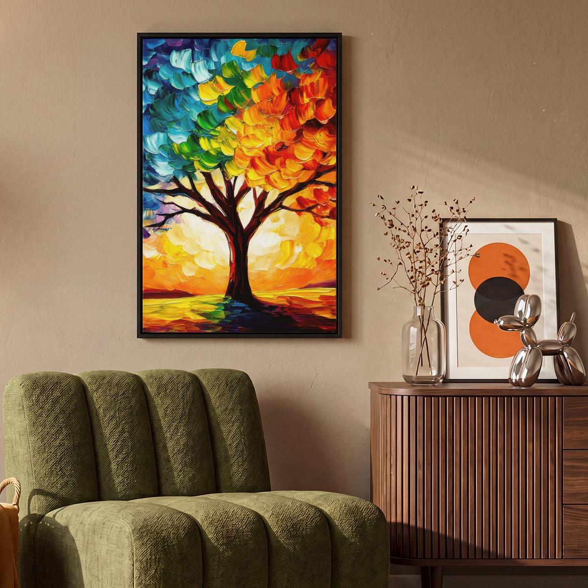 LEINWAND Bilder mit Rahmen - Baum - Kunst - Natur - Sonnenuntergang - 60x90 - Multicolor, Textil (60/90cm) - MuchoWow