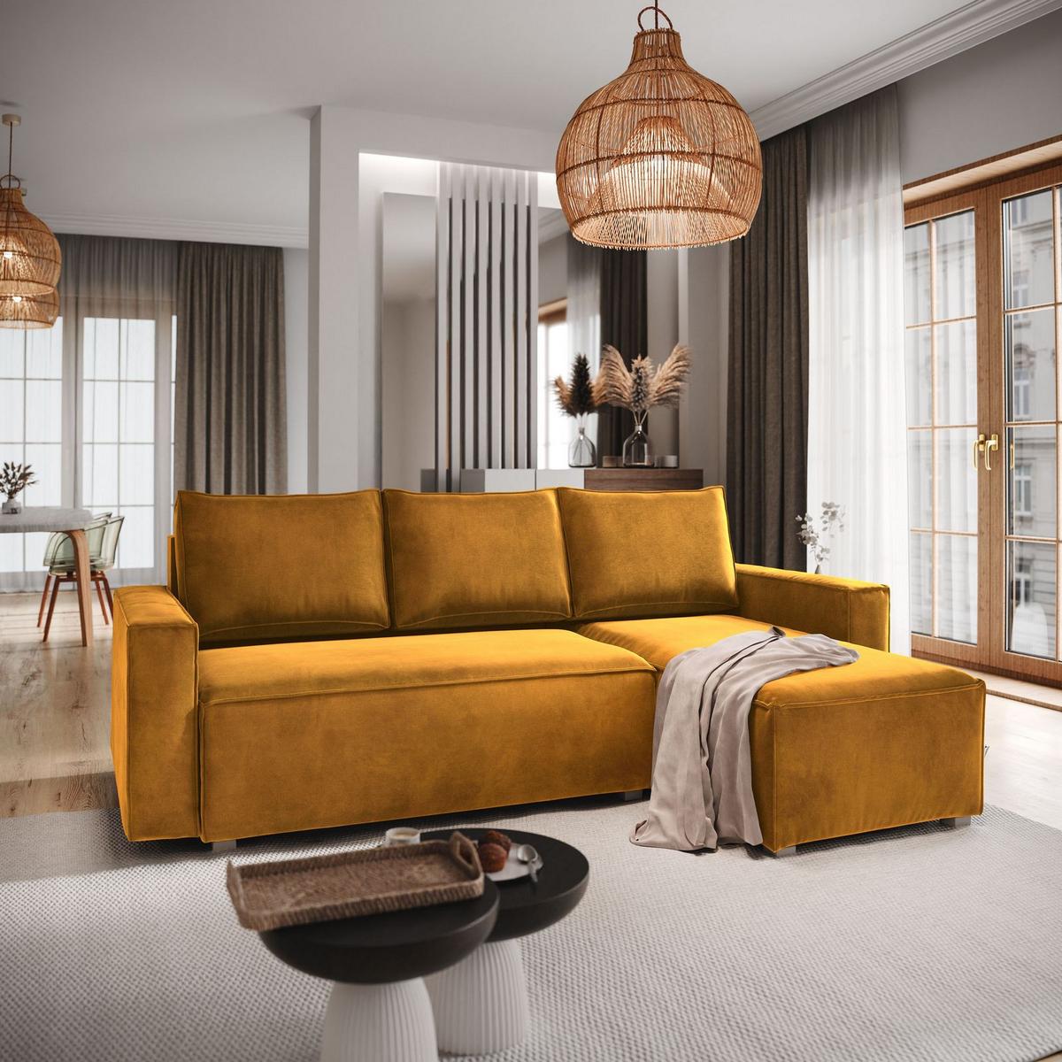 ECKSOFA SILES Gelb Velours-Stoff mit Schlaffunktion - Gelb/Grau, Holz/Kunststoff (230/140cm) - MASSENO