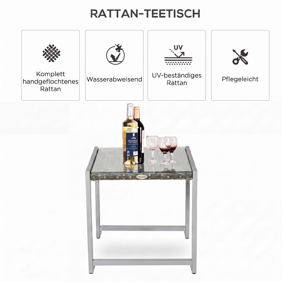 CARTENTISCH, Grau, Polyrattan, Aluminium, Hartglas - Grau, Kunststoff (50/495/50cm) - Outsunny