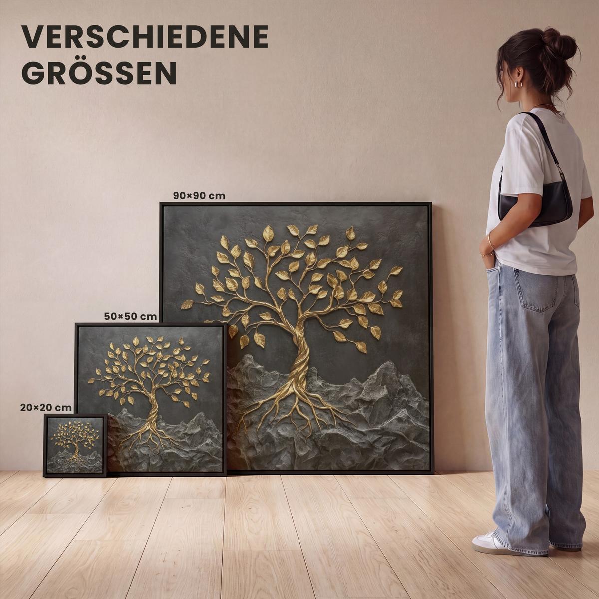 LEINWAND Bilder mit Rahmen - Blätter - Gold - Baum - Fels - 50x50 - Schwarz, Textil (50/50cm) - MuchoWow