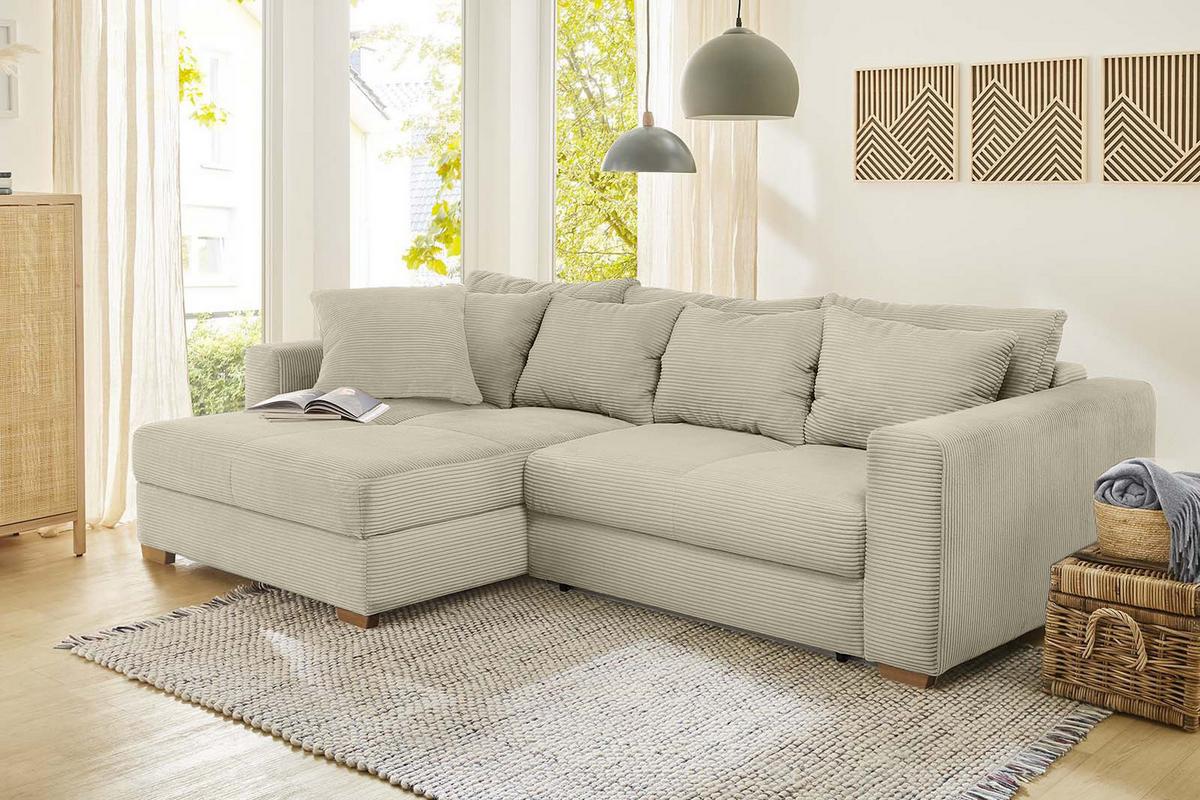 ECKSOFA-DAUERSCHLÄFER Federkern Bettkasten, seitenverkehrt montierbar B288/T186/H86 cm, Liegefl. 153x245 cm, Cord Beige Grau / 15154 - Greige/Eichefarben, Holz/Textil (288/186cm) - luma-home