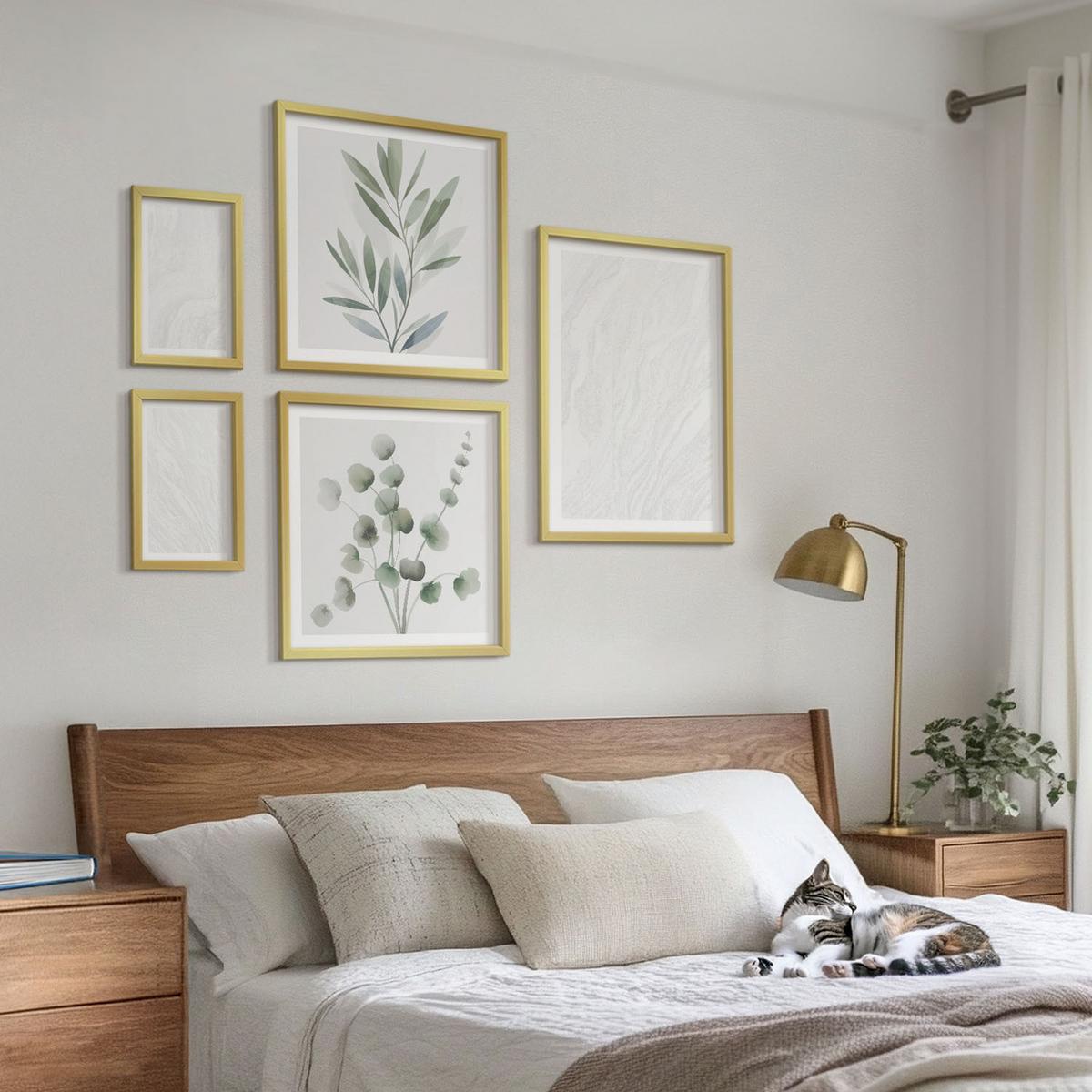 BILDER SET 5er Set - 50x50 cm & 20x30 cm & 40x60 cm Goldrahmen - Marmorstruktur, pastellfarbene Zweige - Goldfarben, Kunststoff (40/60cm) - TULUP