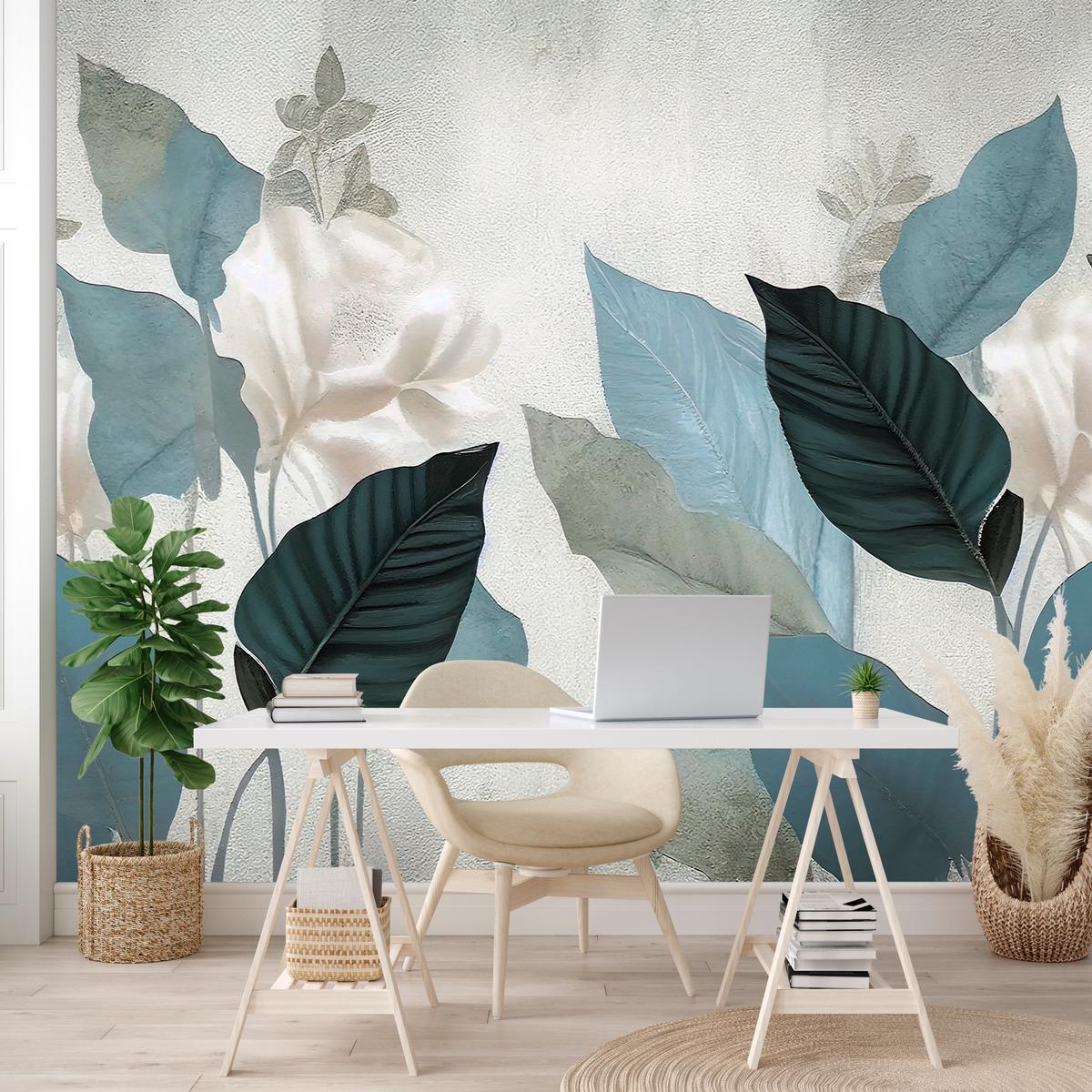 FOTOTAPETE für Wohnzimmer Blaue Blätter Beton Vintage Minimalistisch 450x315 - Grau, Papier (450/315cm) - Muralo