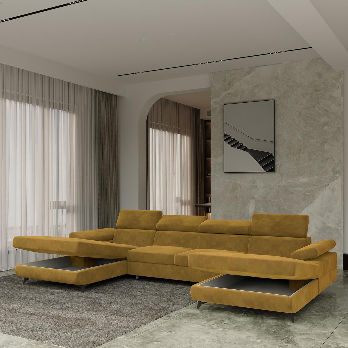 WOHNLANDSCHAFT DETTI Gelb Velours-Stoff mit Schlaffunktion - Gelb, Holz (339/89/190cm) - MASSENO