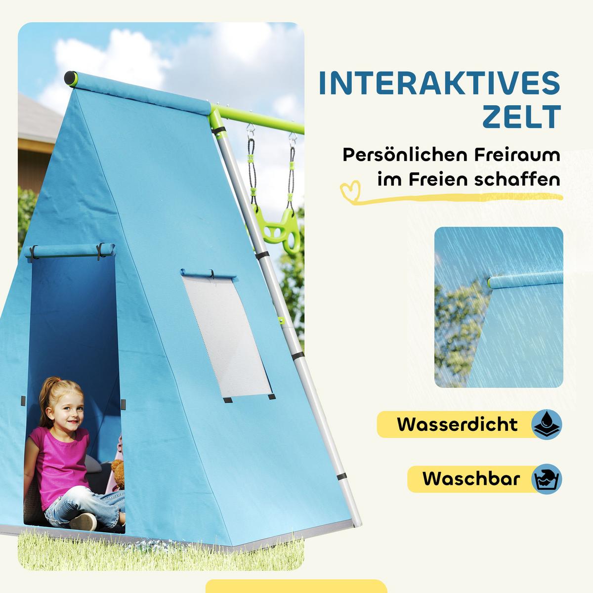 3 in 1 Schaukelgestell Schaukelgerüst mit Spielzelt, Schaukel und Turnringe - Grün, Metall (180/283cm) - AIYAPLAY