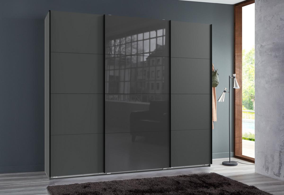 SCHWEBETÜRENSCHRANK 3-türig B225/H236/T64 cm extrahoch in Grafit, Kleiderschrank mit einer Glasfront-Tür in Grau / 22544 - Goldfarben/Graphitfarben, Holzwerkstoff/Metall (225/236/64cm) - luma-home