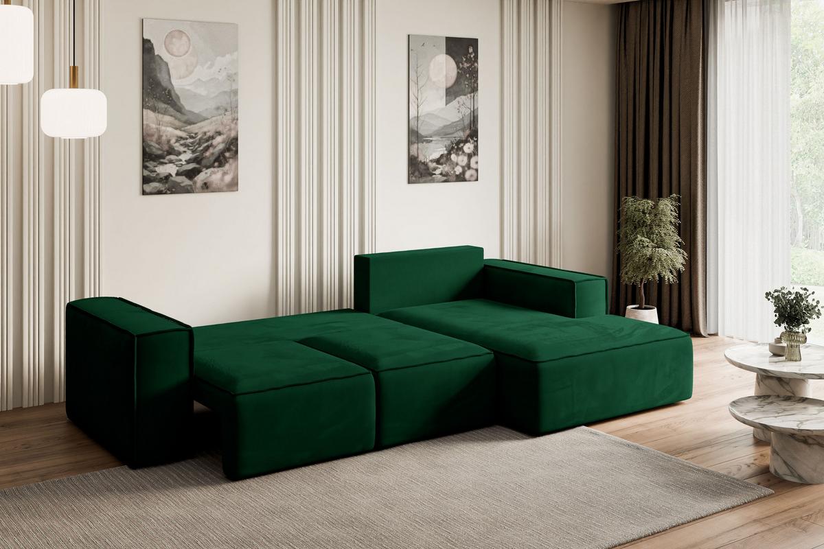 ECKSOFA mit Schlaffunktion und Bettkasten SERRA-L-S - 266x161x87 cm Grün Velours - Schwarz/Grün, Holzwerkstoff/Kunststoff (266/161cm) - ALTDECOR