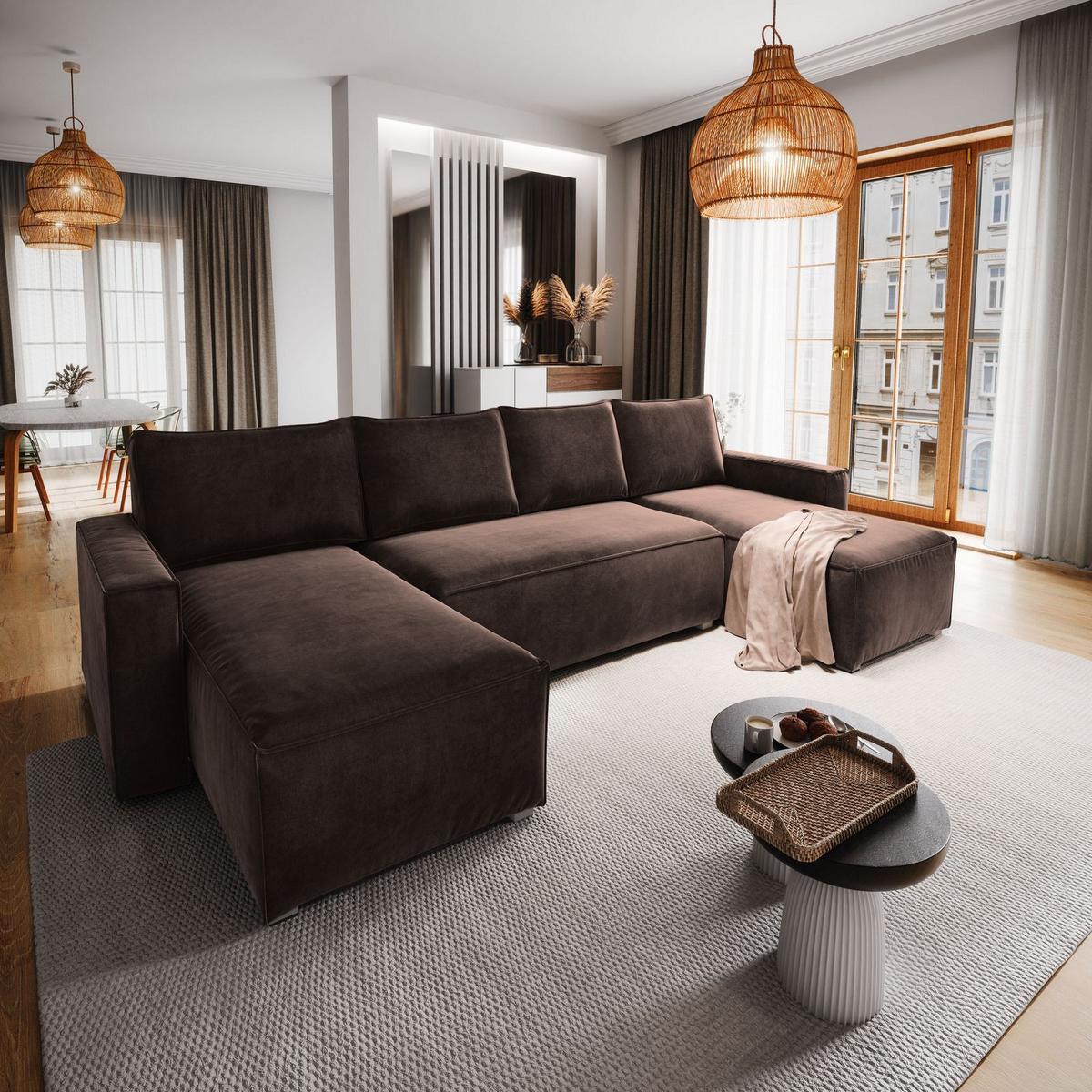 WOHNLANDSCHAFT DENI Braun Velours-Stoff mit Schlaffunktion - Braun/Grau, Holz/Kunststoff (295/85/140cm) - MASSENO