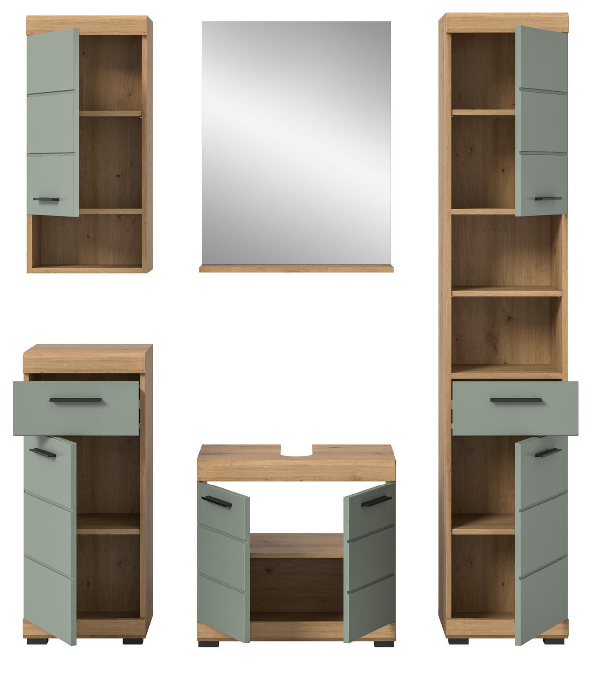 BADMÖBEL-SET Salbei grün, Eiche Artisan 5-teilig 164 cm, Komplettset mit viel Stauraum - Salbeigrün/Eiche Artisan, Glas/Holzwerkstoff (164/191/34cm) - Inn.Furn