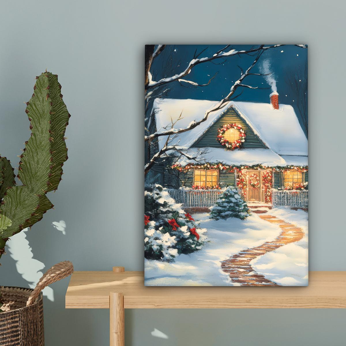 LEINWANDBILD Weihnachten - Weihnachtsbaum - Winter - Zuhause - Schnee Deko Wohnzimmer 20x30 cm - Smaragdgrün, Textil (20/30cm) - MuchoWow