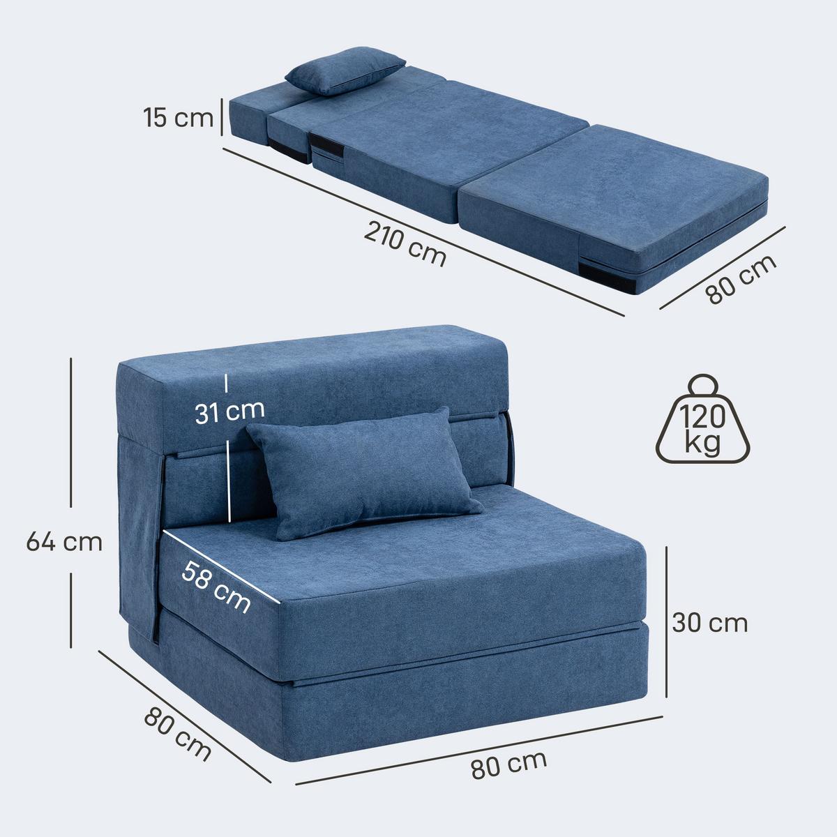 3 in 1 Schlafsessel, klappbares Schlafsofa mit Bettfunktion, Lendenkissen, Blau - Blau, Kunststoff (80/15/210cm) - HOMCOM