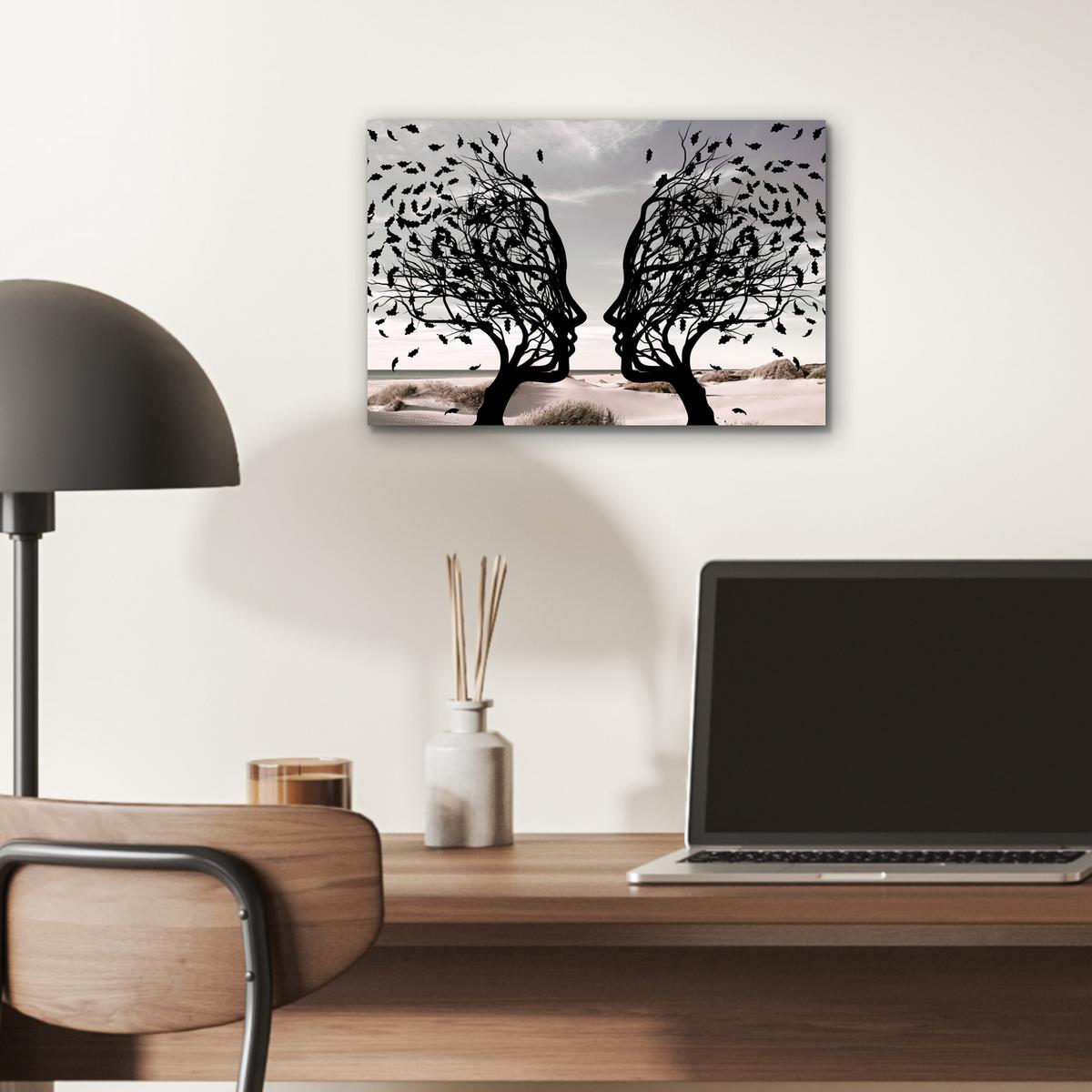 METALLBILD Strand - Meer - Menschen - Baum - Moderne Kunst 30x20 cm - Hellgrau, Metall (30/20cm) - MuchoWow