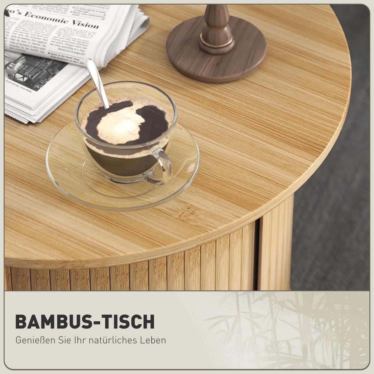 COUCHTISCH Wohnzimmertisch aus Bambus mit verstecktem Stauraum und Schiebetür - Naturfarben, Naturmaterialien/Bambusholz (60/60/45cm) - HOMCOM