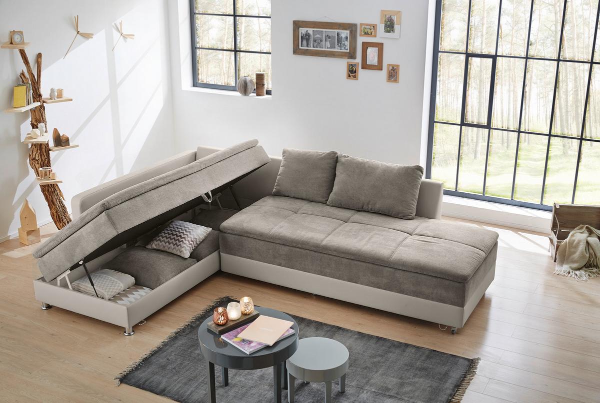 ECKSOFA-DAUERSCHLÄFER Doppelbett Boxspring Federkern Topper, Schwenkteil rechts B306/T223/H95 cm, Kunstleder Beige+Mikrofaser Graubraun / 15102 - Chromfarben/Graubraun, Kunststoff/Textil (306/223cm) - luma-home