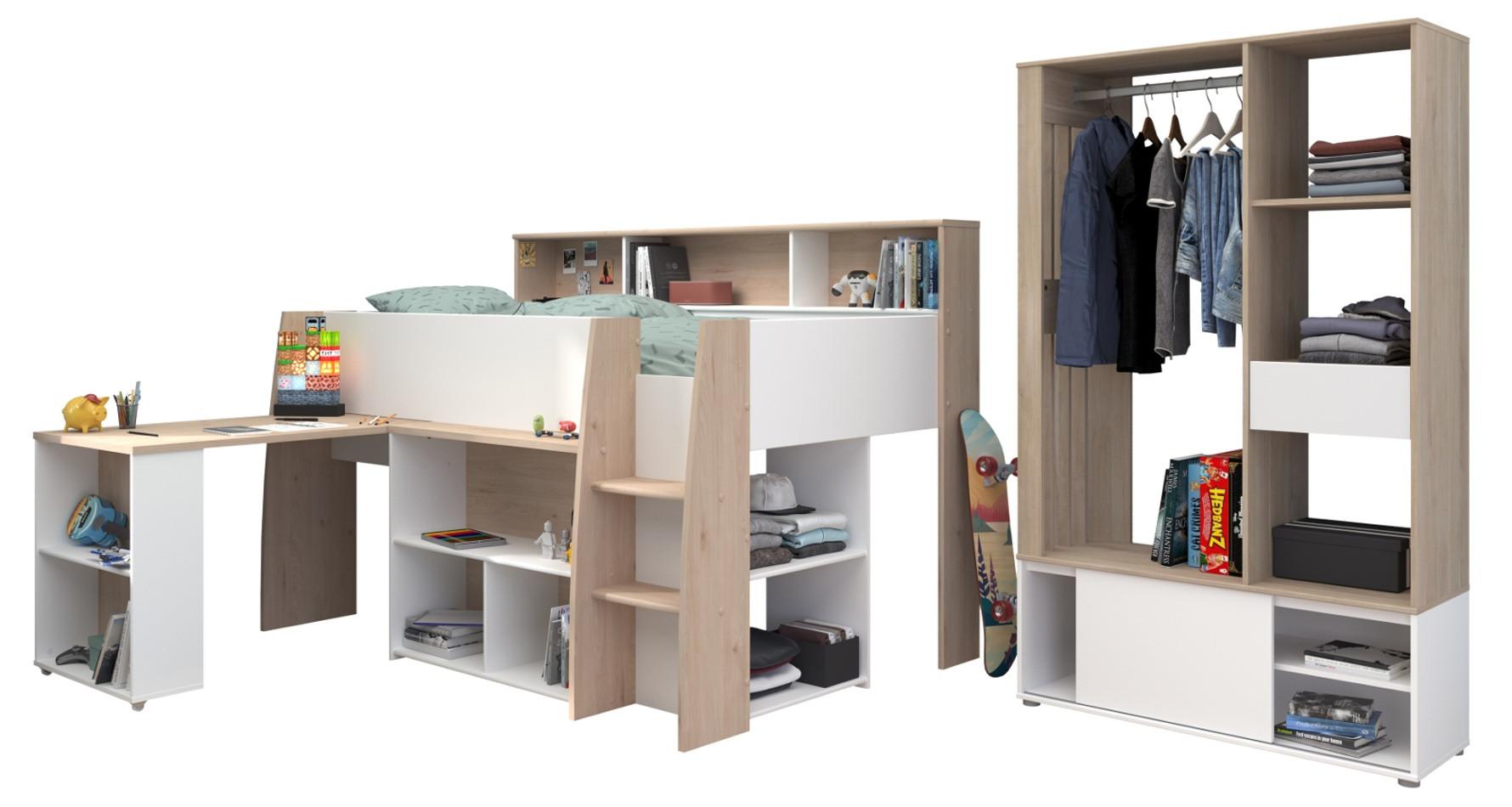 JUGENDZIMMER weiß, Eiche, Komplett-Set 2-teilig mit viel Stauraum - Eichefarben/Silberfarben, Holzwerkstoff/Kunststoff (133/183/209cm) - Parisot Meuble