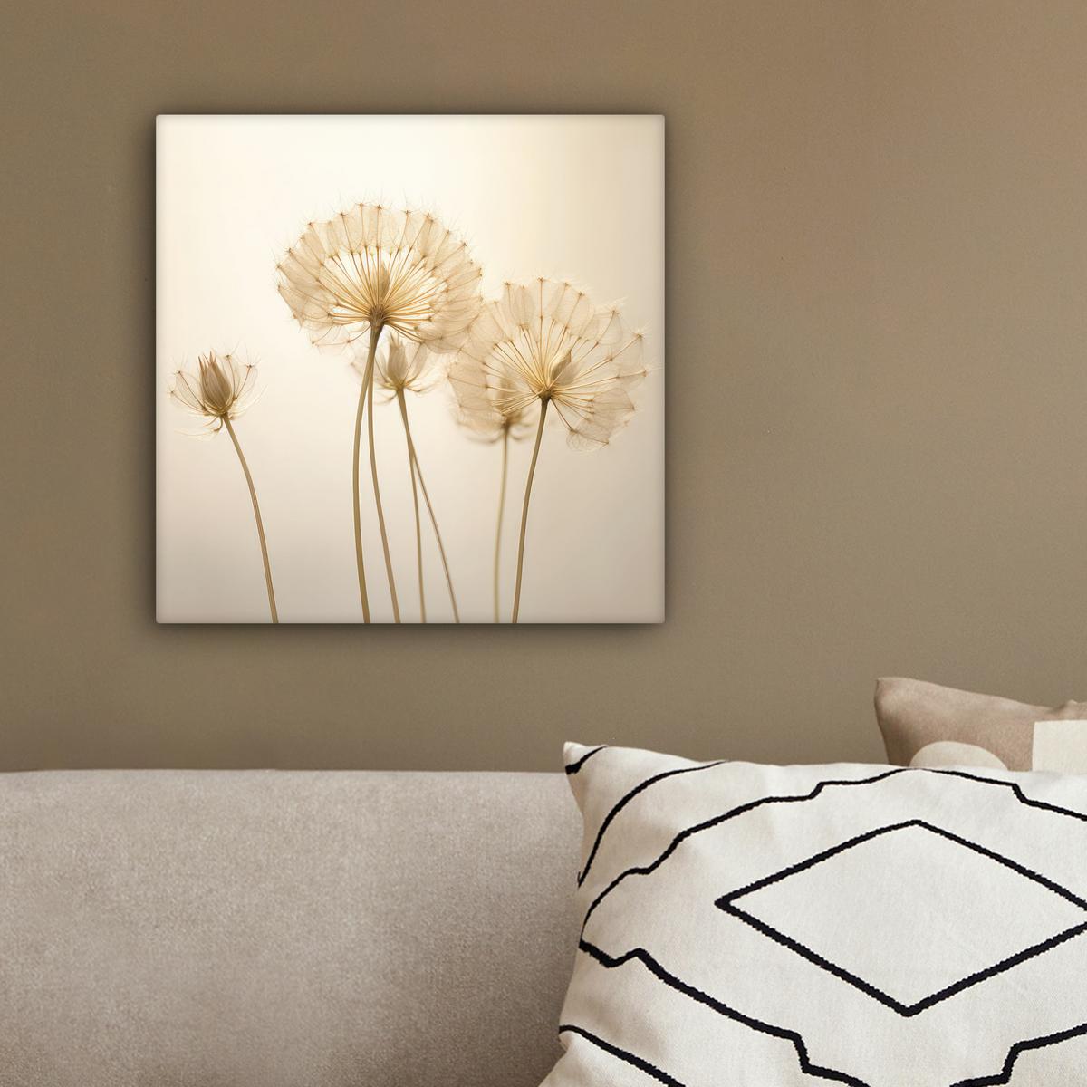 LEINWANDBILD Sonnenlicht - Löwenzahn - Botanisch - Blumen Deko Wohnzimmer 20x20 cm - Creme, Textil (20/20cm) - MuchoWow