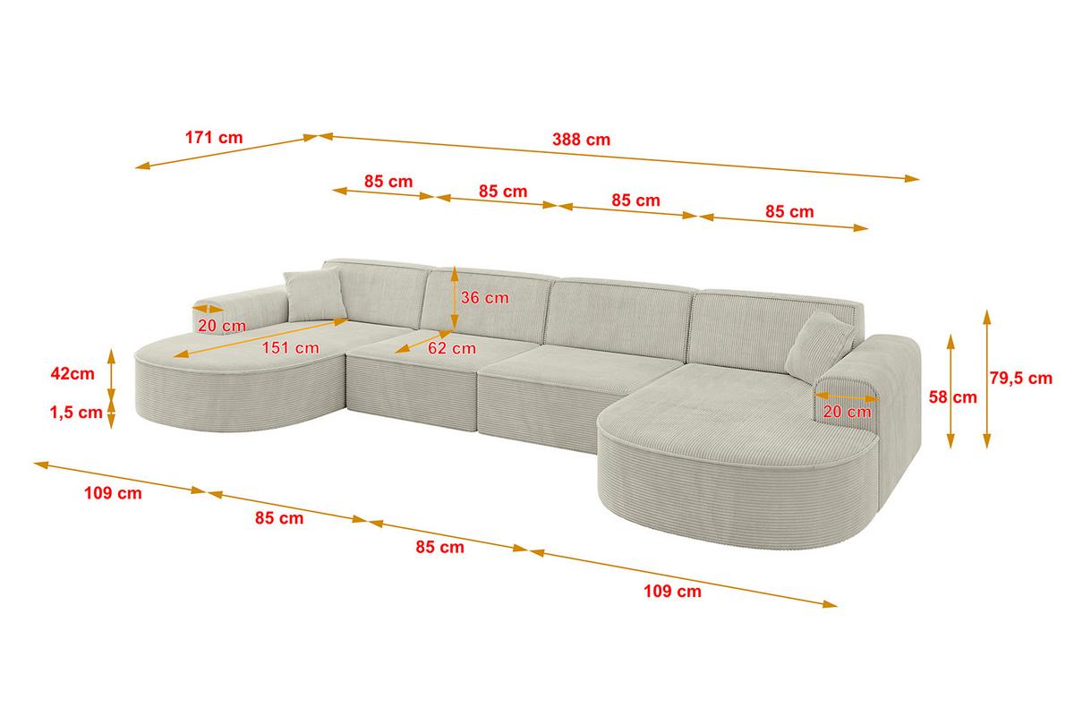 WOHNLANDSCHAFT MARI-U2 - 388x171x79 cm Creme Cord - Hellgrau/Creme, Holzwerkstoff/Kunststoff (388/79/171cm) - ALTDECOR