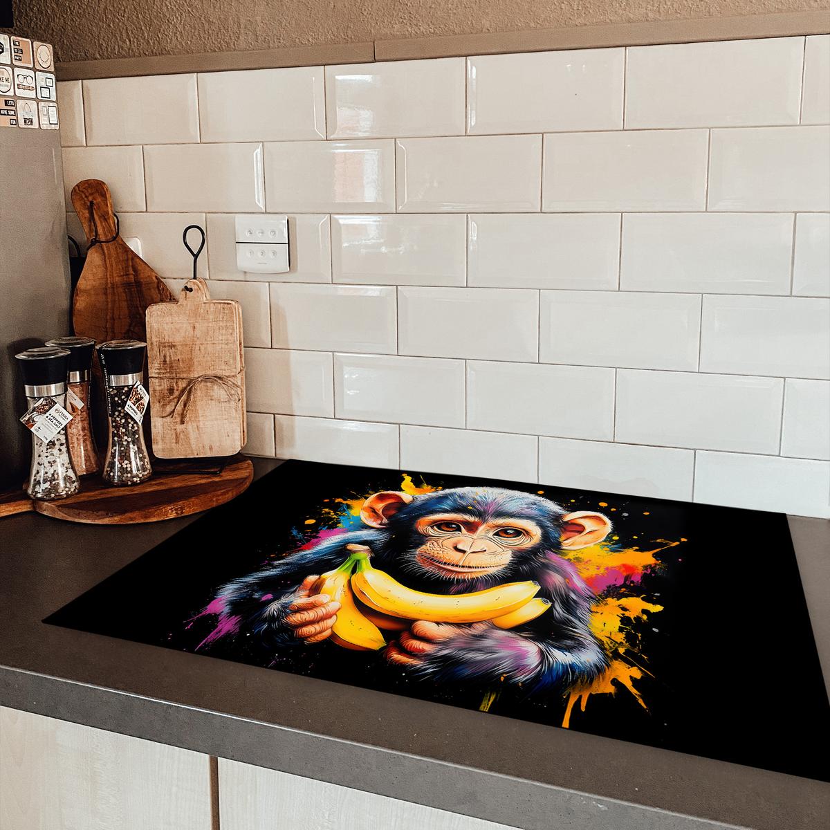 HERDABDECKPLATTE Affe - Graffiti - Farbenfroh - Bananen - Modern Ceranfeldabdeckung 76x51.5 cm - Gelb, Kunststoff (76/51.5/0.2cm) - MuchoWow